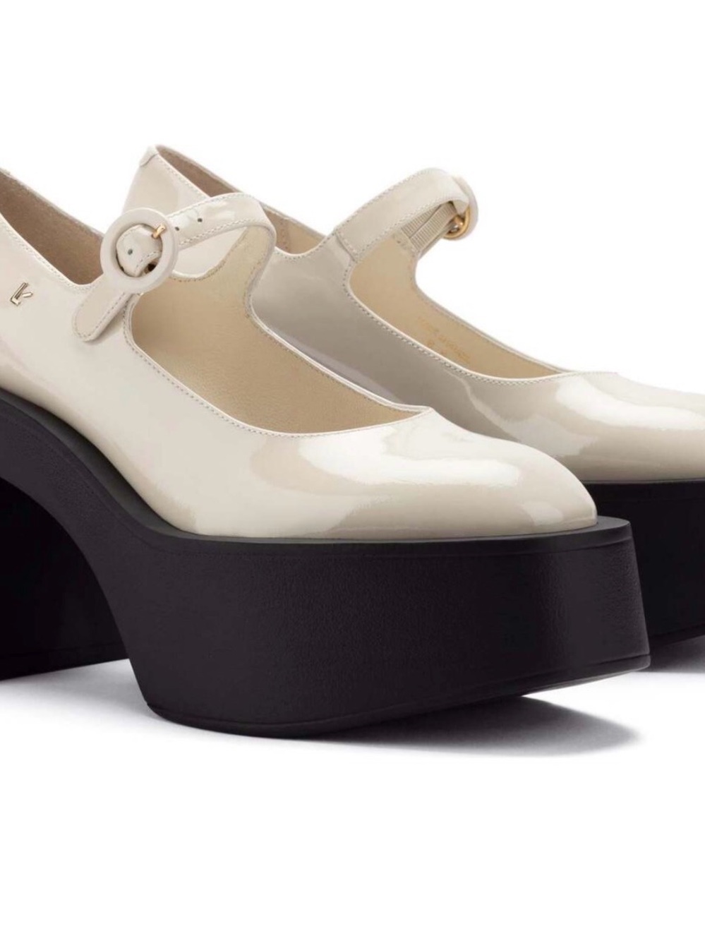 Larroude Cream Patent Mary Jane Platform Pumps with Black Platform